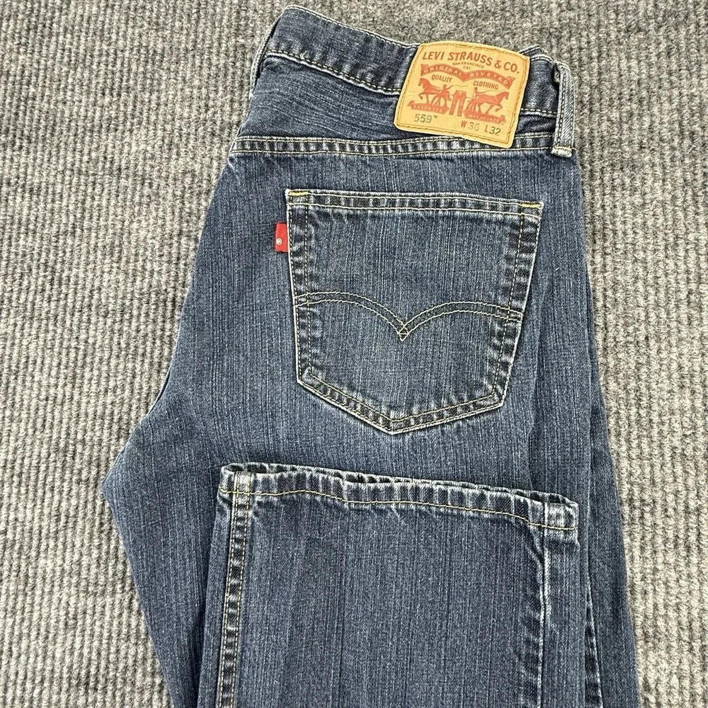 Levi's 559 Series Relaxed Fit 36/32 Straight Blue Dark Wash Denim Jeans, Cotton